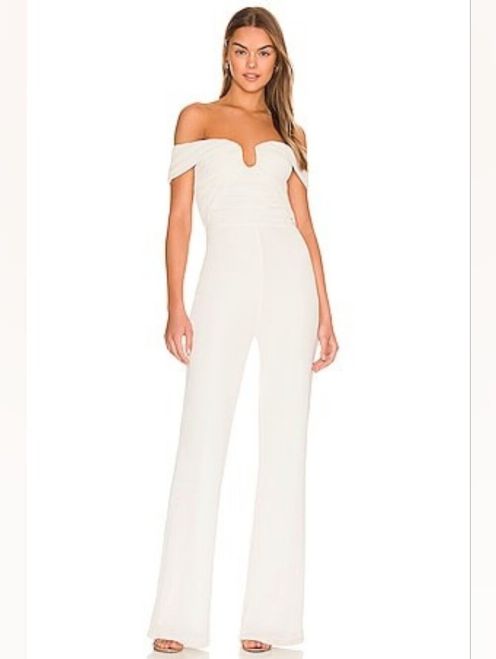 Misha Kara Jumpsuit Off Shoulder Off White Ruched Jersey Jumpsuit